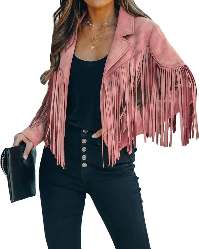 Women Faux Suede Leather Tassel Coat Lapel Long Sleeve Motorcycle Short Fringe Jacket Pink $28.41 Coats