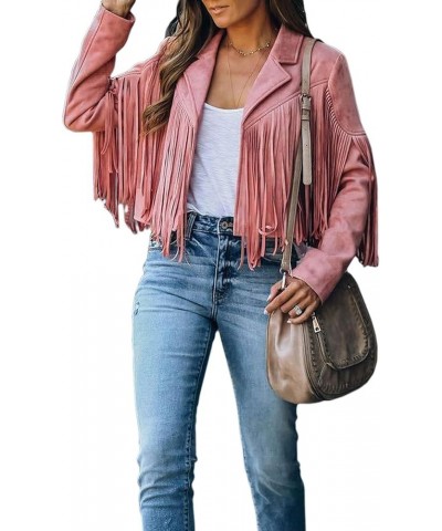 Women Faux Suede Leather Tassel Coat Lapel Long Sleeve Motorcycle Short Fringe Jacket Pink $28.41 Coats