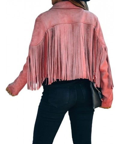 Women Faux Suede Leather Tassel Coat Lapel Long Sleeve Motorcycle Short Fringe Jacket Pink $28.41 Coats