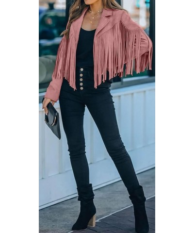 Women Faux Suede Leather Tassel Coat Lapel Long Sleeve Motorcycle Short Fringe Jacket Pink $28.41 Coats