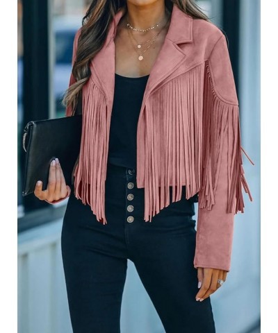 Women Faux Suede Leather Tassel Coat Lapel Long Sleeve Motorcycle Short Fringe Jacket Pink $28.41 Coats