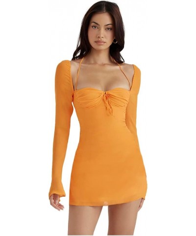 Women Long Puff Sleeve Mini Bodycon Mesh Dress Split Hem Clubwear Party Dress Orange1 $16.10 Dresses