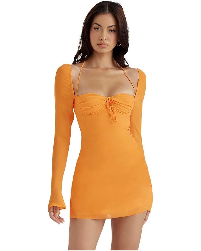 Women Long Puff Sleeve Mini Bodycon Mesh Dress Split Hem Clubwear Party Dress Orange1 $16.10 Dresses