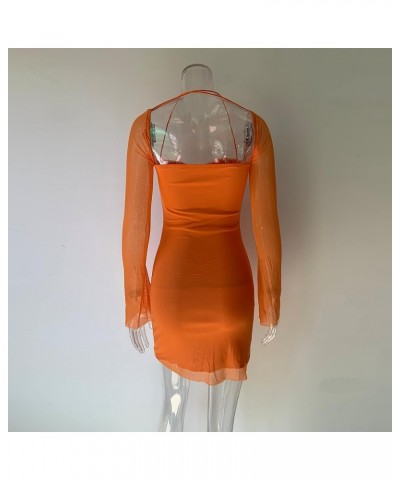 Women Long Puff Sleeve Mini Bodycon Mesh Dress Split Hem Clubwear Party Dress Orange1 $16.10 Dresses