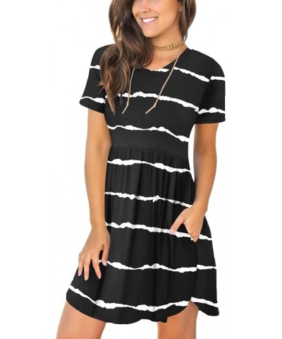 Women's 2024 Summer Short Sleeve Casual Dresses Hide Belly Fat Loose Fit Sundress with Pockets Black Stripe $17.94 Dresses