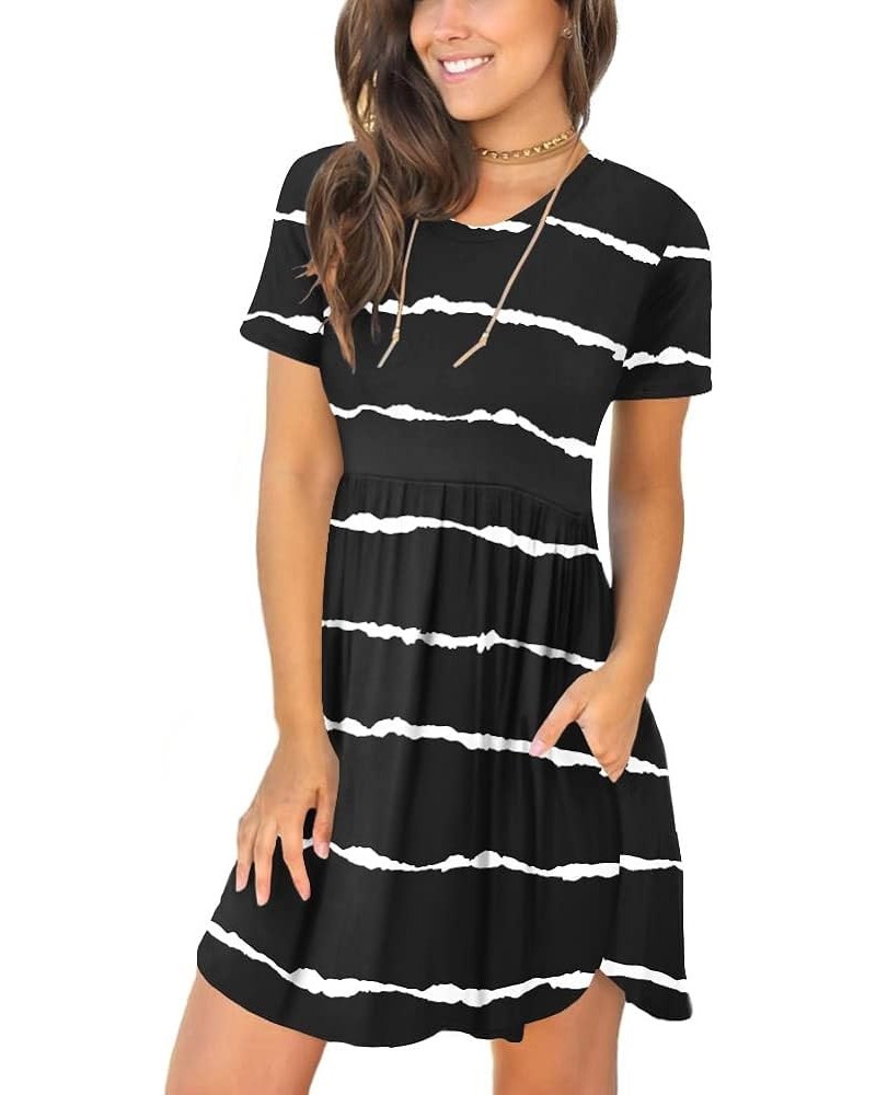 Women's 2024 Summer Short Sleeve Casual Dresses Hide Belly Fat Loose Fit Sundress with Pockets Black Stripe $17.94 Dresses