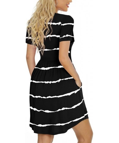 Women's 2024 Summer Short Sleeve Casual Dresses Hide Belly Fat Loose Fit Sundress with Pockets Black Stripe $17.94 Dresses