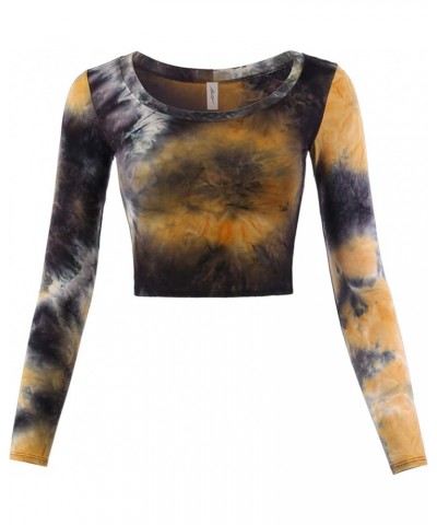 Women's Basic Solid Stretchable Scoop Neck Long Sleeve Crop Top Rayon - Tie-dye Yellow $10.08 T-Shirts