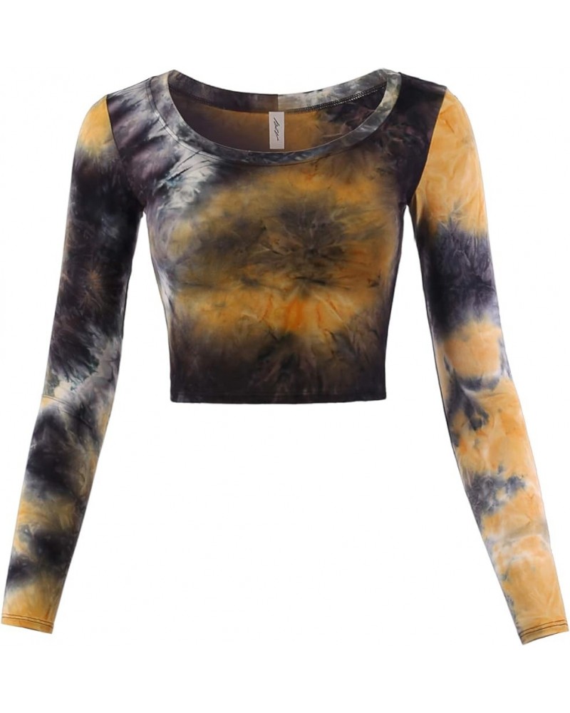 Women's Basic Solid Stretchable Scoop Neck Long Sleeve Crop Top Rayon - Tie-dye Yellow $10.08 T-Shirts