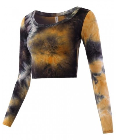 Women's Basic Solid Stretchable Scoop Neck Long Sleeve Crop Top Rayon - Tie-dye Yellow $10.08 T-Shirts