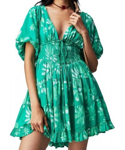 Women's Summer Printed Beach Mini Dress - Puff-Sleeved Silhouette, Smocking, Tiered Hem, Strappy Back Detail Green $16.19 Dre...