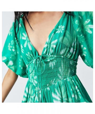 Women's Summer Printed Beach Mini Dress - Puff-Sleeved Silhouette, Smocking, Tiered Hem, Strappy Back Detail Green $16.19 Dre...