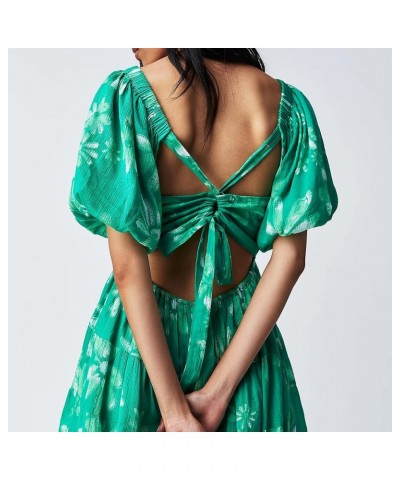 Women's Summer Printed Beach Mini Dress - Puff-Sleeved Silhouette, Smocking, Tiered Hem, Strappy Back Detail Green $16.19 Dre...