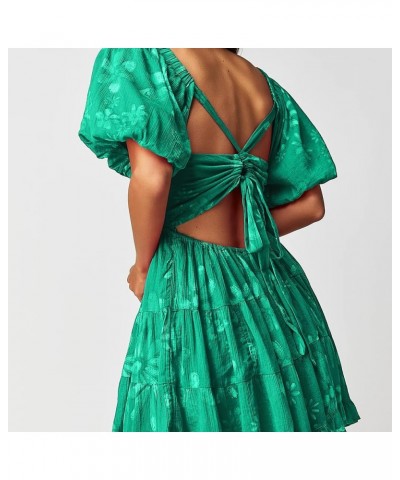 Women's Summer Printed Beach Mini Dress - Puff-Sleeved Silhouette, Smocking, Tiered Hem, Strappy Back Detail Green $16.19 Dre...