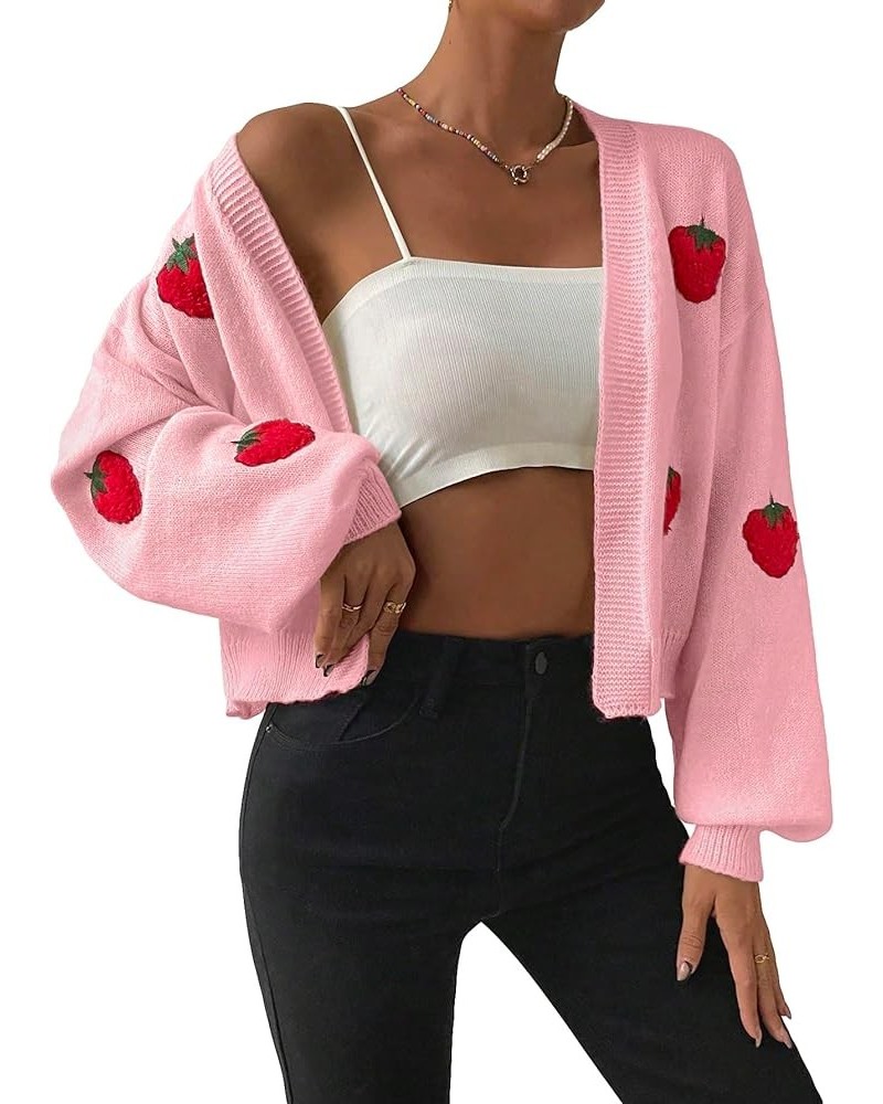 Women's Strawberry Embroidery Cardigan Drop Shoulder Long Sleeve Open Front Cardigan Sweater Pink $14.35 Sweaters