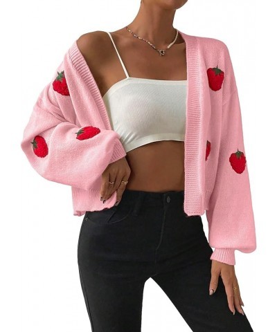 Women's Strawberry Embroidery Cardigan Drop Shoulder Long Sleeve Open Front Cardigan Sweater Pink $14.35 Sweaters