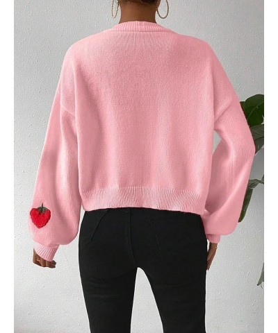 Women's Strawberry Embroidery Cardigan Drop Shoulder Long Sleeve Open Front Cardigan Sweater Pink $14.35 Sweaters