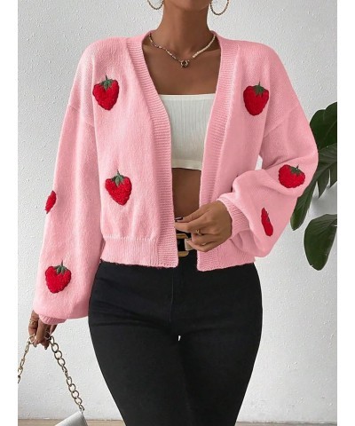 Women's Strawberry Embroidery Cardigan Drop Shoulder Long Sleeve Open Front Cardigan Sweater Pink $14.35 Sweaters