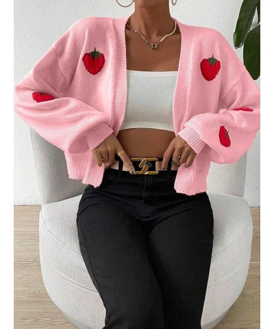 Women's Strawberry Embroidery Cardigan Drop Shoulder Long Sleeve Open Front Cardigan Sweater Pink $14.35 Sweaters