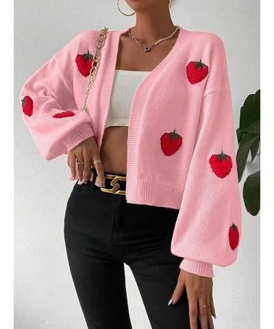 Women's Strawberry Embroidery Cardigan Drop Shoulder Long Sleeve Open Front Cardigan Sweater Pink $14.35 Sweaters