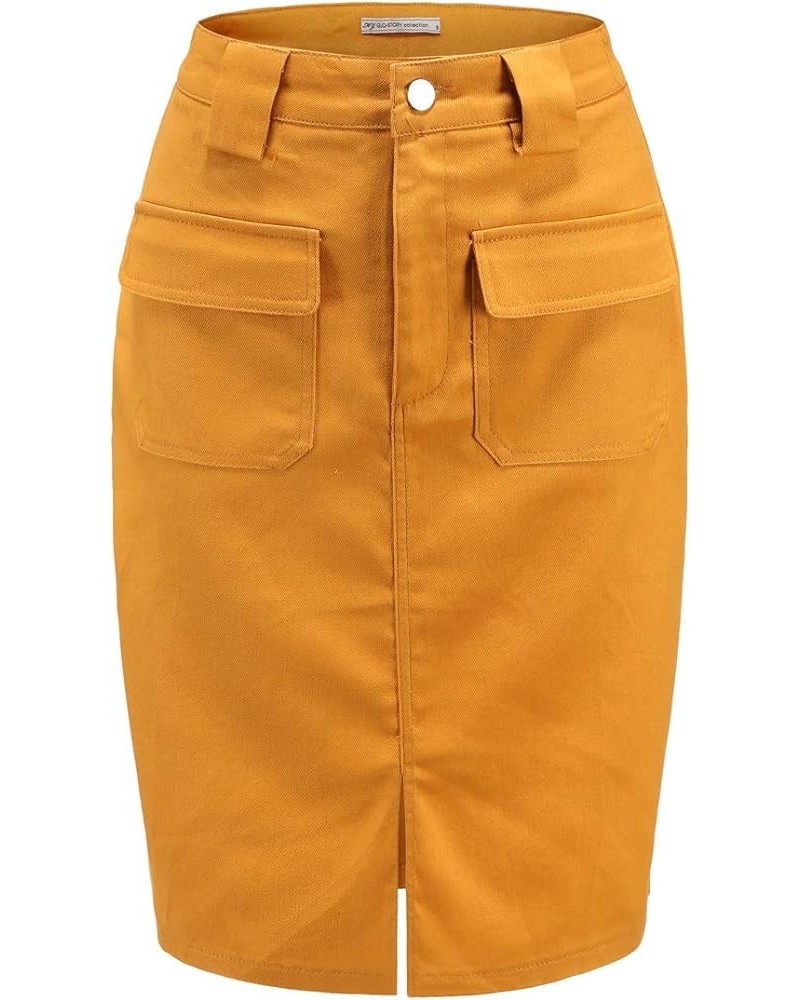Women's Midi Knee Length Workout Cotton Pencil Skirts with Front Pockets and Slit Ash Yellow $20.39 Skirts