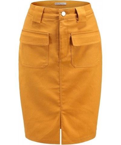 Women's Midi Knee Length Workout Cotton Pencil Skirts with Front Pockets and Slit Ash Yellow $20.39 Skirts