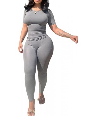 XS-3XL Women's 2 Piece Outfits Ribbed Long Sleeve Set Fitted T-shirt High Waist Elastic Leggins Casual Matching A-light Grey ...