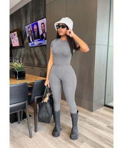 XS-3XL Women's 2 Piece Outfits Ribbed Long Sleeve Set Fitted T-shirt High Waist Elastic Leggins Casual Matching A-light Grey ...