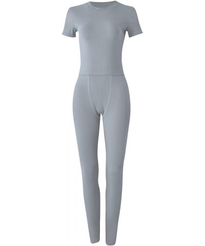 XS-3XL Women's 2 Piece Outfits Ribbed Long Sleeve Set Fitted T-shirt High Waist Elastic Leggins Casual Matching A-light Grey ...