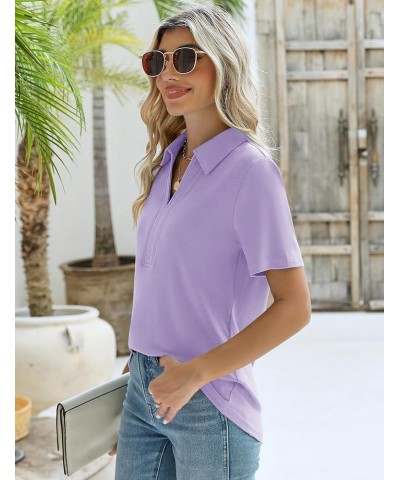 Women's Short Sleeve V-Neck Polo Shirts Business Casual Work Collared Tops Johnny Collar Cute Blouses Regular Short Sleeve-li...