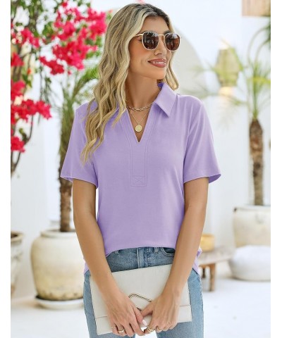 Women's Short Sleeve V-Neck Polo Shirts Business Casual Work Collared Tops Johnny Collar Cute Blouses Regular Short Sleeve-li...