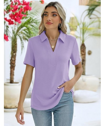 Women's Short Sleeve V-Neck Polo Shirts Business Casual Work Collared Tops Johnny Collar Cute Blouses Regular Short Sleeve-li...