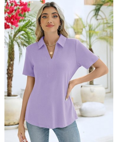 Women's Short Sleeve V-Neck Polo Shirts Business Casual Work Collared Tops Johnny Collar Cute Blouses Regular Short Sleeve-li...