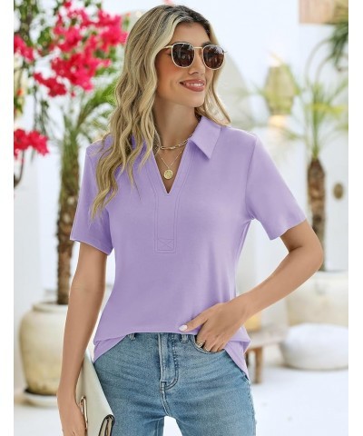 Women's Short Sleeve V-Neck Polo Shirts Business Casual Work Collared Tops Johnny Collar Cute Blouses Regular Short Sleeve-li...