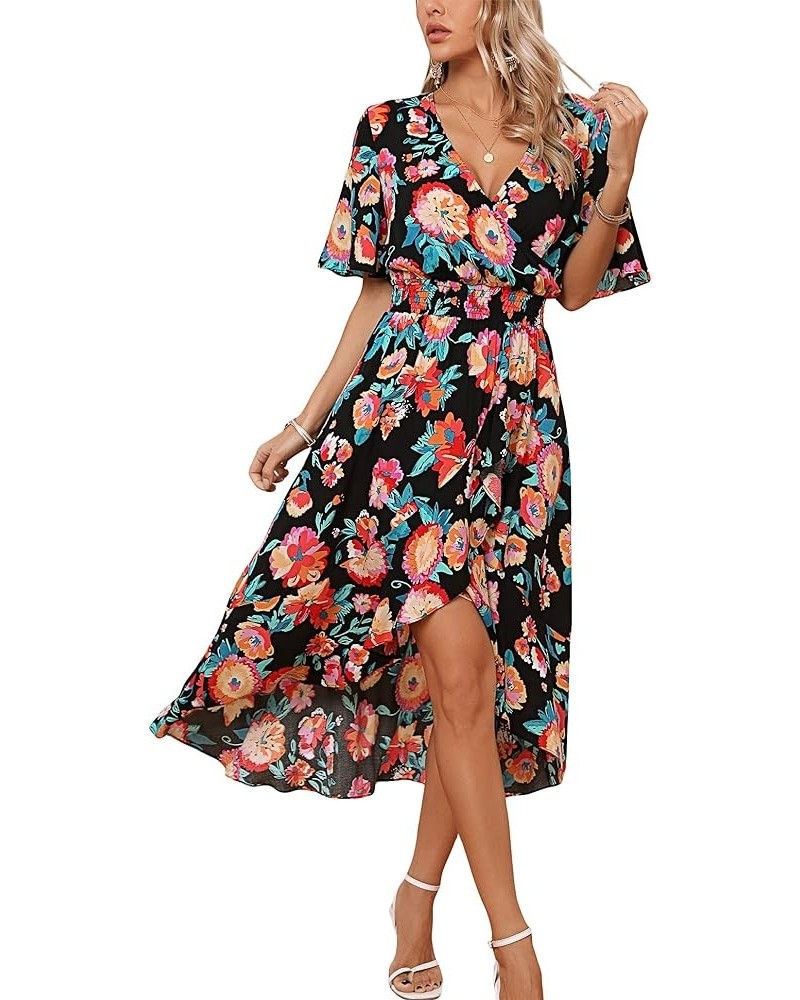 Womens Short Sleeve Floral High Low V-Neck Flowy Party Long Maxi Dress Black/Multi-color Floral $18.48 Dresses