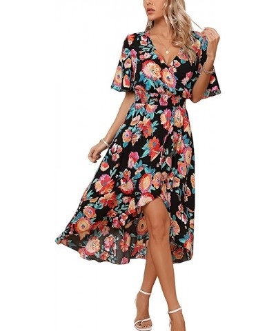 Womens Short Sleeve Floral High Low V-Neck Flowy Party Long Maxi Dress Black/Multi-color Floral $18.48 Dresses