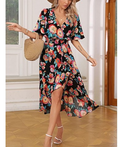 Womens Short Sleeve Floral High Low V-Neck Flowy Party Long Maxi Dress Black/Multi-color Floral $18.48 Dresses