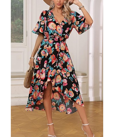 Womens Short Sleeve Floral High Low V-Neck Flowy Party Long Maxi Dress Black/Multi-color Floral $18.48 Dresses