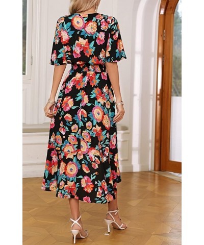 Womens Short Sleeve Floral High Low V-Neck Flowy Party Long Maxi Dress Black/Multi-color Floral $18.48 Dresses