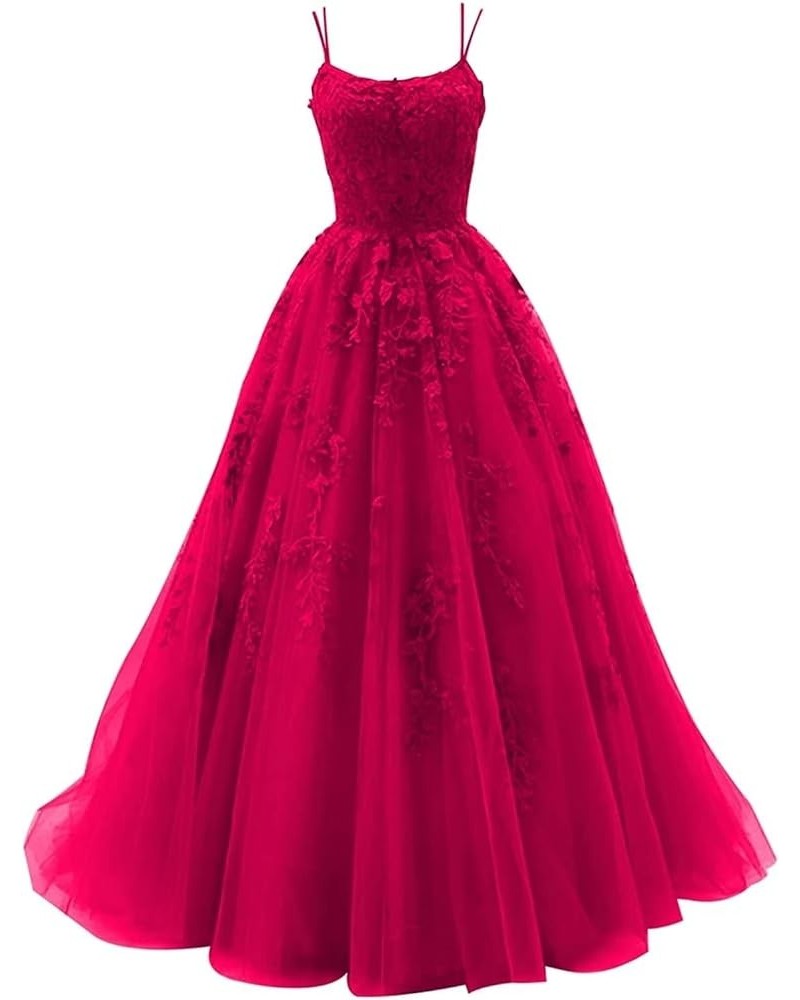 Tulle Spaghetti Straps Prom Dresses Long Lace Appliques Ball Gowns for Women Rose Red $34.19 Dresses