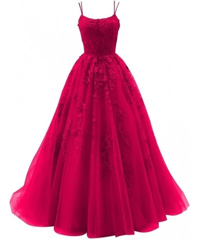 Tulle Spaghetti Straps Prom Dresses Long Lace Appliques Ball Gowns for Women Rose Red $34.19 Dresses