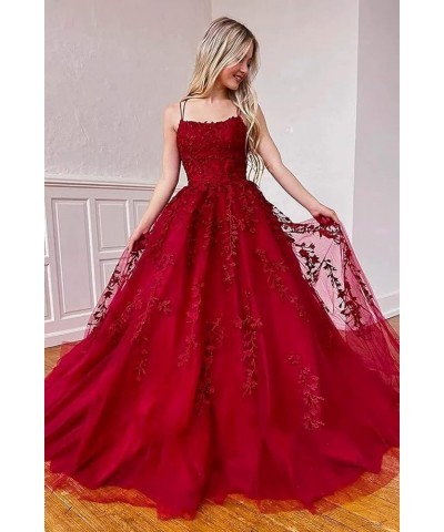 Tulle Spaghetti Straps Prom Dresses Long Lace Appliques Ball Gowns for Women Rose Red $34.19 Dresses