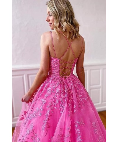 Tulle Spaghetti Straps Prom Dresses Long Lace Appliques Ball Gowns for Women Rose Red $34.19 Dresses