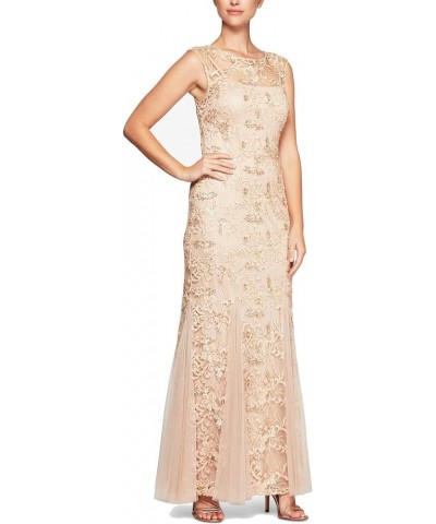 Women's Long Fit and Flare Dress Godet Detail (Petite and Regular) Champagne $67.74 Dresses