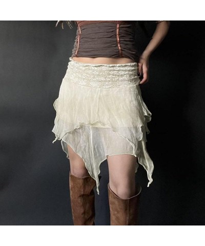 Women Y2k Ruffle Mini Skirt Floral Lace Asymmetrical Hem Pleated Skirt Fairycore Sheer Mesh A Line Short Skirts Lace Off Whit...