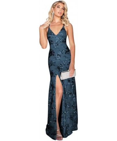 V Neck Lace Prom Dress Spaghetti Strap Sequin Evening Gown Mermaid Sparkly Evening Dresses for Women Navy $52.24 Dresses