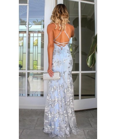 V Neck Lace Prom Dress Spaghetti Strap Sequin Evening Gown Mermaid Sparkly Evening Dresses for Women Navy $52.24 Dresses