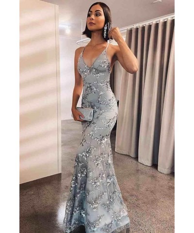 V Neck Lace Prom Dress Spaghetti Strap Sequin Evening Gown Mermaid Sparkly Evening Dresses for Women Navy $52.24 Dresses