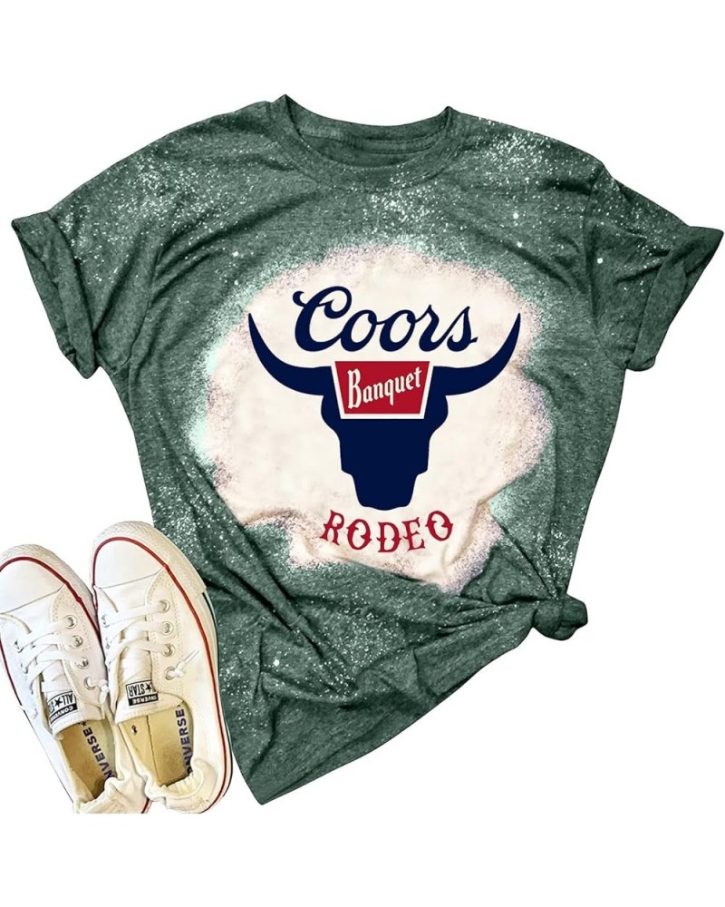 Vintage Bleached Rodeo T-Shirt Women Retro Western Cowgirl Shirt Bull Skull Graphic Tees Casual Short Sleeve Tops Green $9.90...