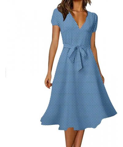 Summer Dresses for Women 2024 Casual V Neck Short Sleeve Solid Color Polka Dot Print Lace up Tie Vacation Beach Dress A-13 Bl...